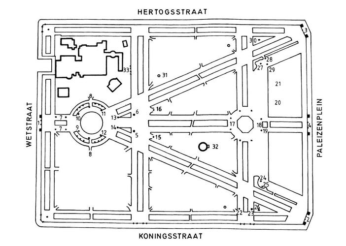 Parc de Brussel. Plan actualisé d'après G. Desmarez, Guide illustré de Bruxelles, Monuments civils et religieux, Brussel, 1979, p. 270, fig. 66.