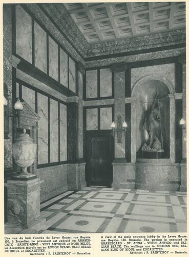 Place du Congrès 2, une vue du hall d'entrée de Lever House ([i]Société Anonyme de Merbes-Sprimont Bruxelles[/i], Bruxelles, 1936, p. 40).