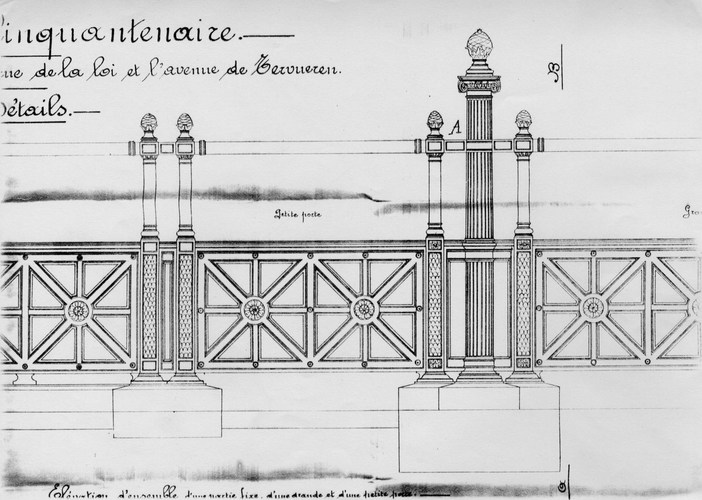 Projet de grilles en bronze pour les entrées orientale et occidentale du parc du Cinquantenaire, conçu en 1902 par Gédéon Bordiau (collection AAM).