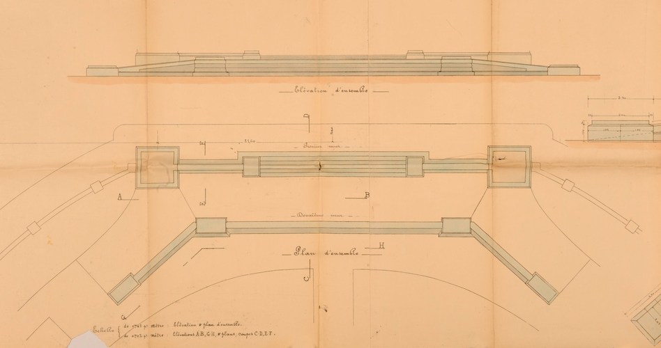 Jubelpark, Ridderschapslaan, opstand en plan van de centrale steunmuren, in 1900 ontworpen door Gédéon Bordiau (ARA/ Ministerie van Openbare Werken…, doos 162).