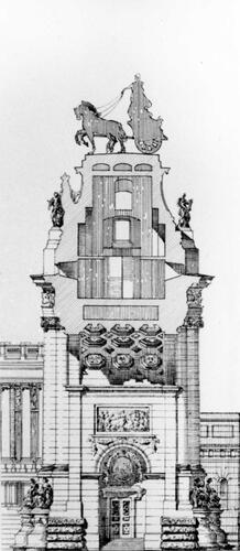 De triomfboog van het Jubelpark, in 1904 ontworpen door Charles Girault, doorsnede (Verzameling Archives nationales de France, reproductie AAM).