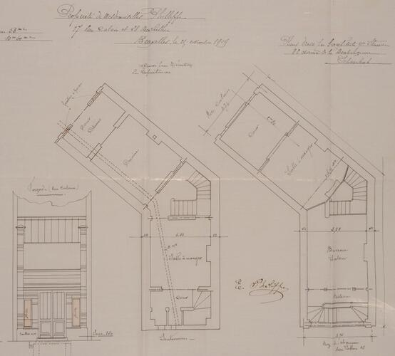 Lutherstraat 28, grondplan van de twee eerste bouwlagen, toestand in 1909, SAB/OW 15250 (1909).