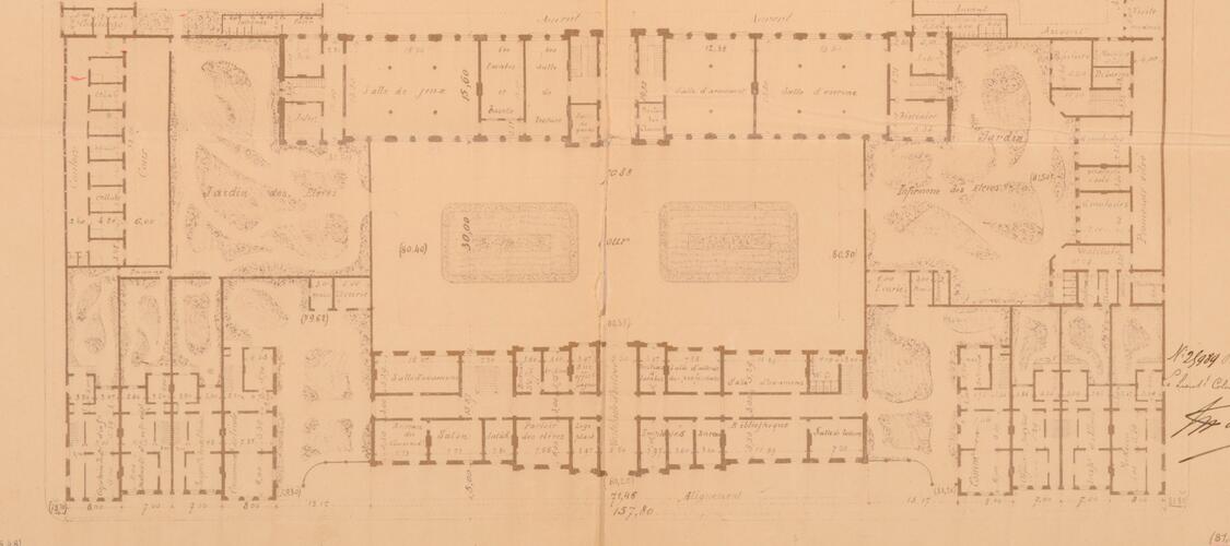 Plan van de Militaire School, kwartier van de Militaire School, rond het ereplein, benedenverdieping, SAB/OW 4171 (1899).