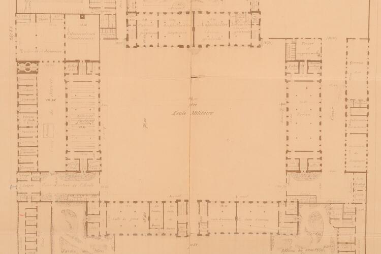 Plan van de Militaire School, kwartier van de Militaire School, benedenverdieping, SAB/OW 4171 (1899).