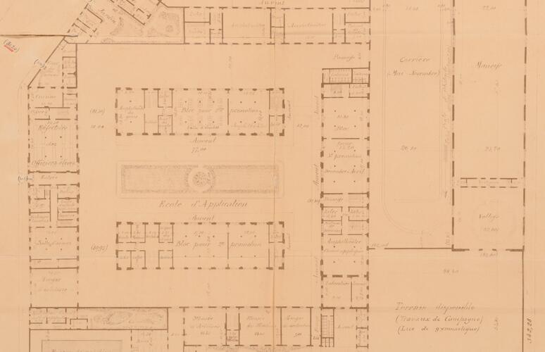 Plan van de Militaire School, kwartier van de Applicatieschool, benedenverdieping, SAB/OW 4171 (1899).