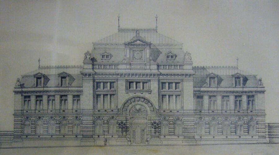 Niet weerhouden ontwerp van de nieuwe Militaire School, in 1902 ontworpen door architect Henri VAN MASSENHOVE, centraal gebouw in de Renaissancelaan (Archief van de Koninklijke Militaire School). 