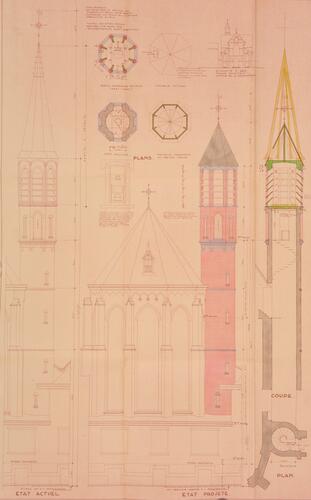 Renaissancelaan 40, klokkentoren van de kerk van de dominicanen, toestand vóór en na de verbouwing, SAB/OW 65102 (1957).