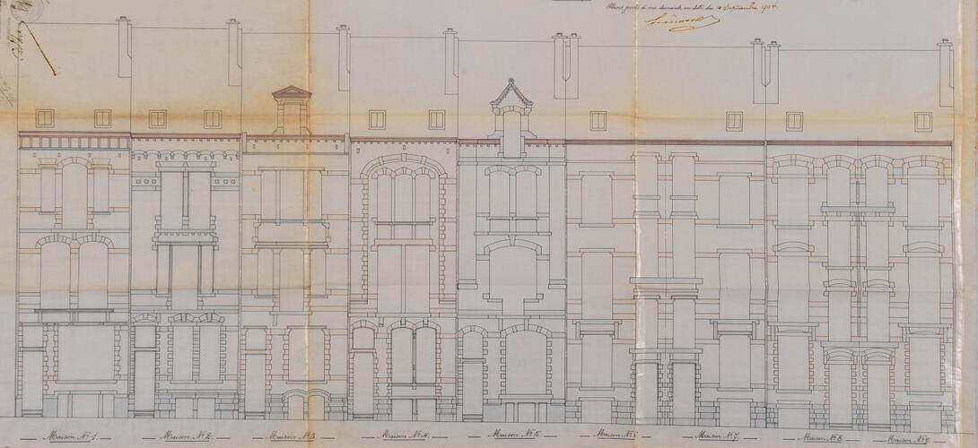 Rue Camille Simoens 21 à 5, <a href='/fr/glossary/183' class='info'>élévations<span>Dessin à l'échelle d'une des faces verticales d’un édifice. Par extension, façade d'un bâtiment ou ensemble de ses façades.</span></a> prévues, ACS/Urb. 31-5-21 (1904).