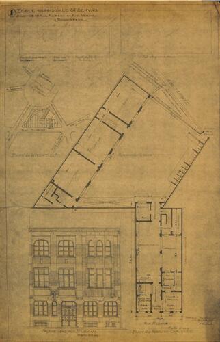 Rubensstraat 108-110, voormalige Sint-Servaas parochieschool, plan van het geheel en opstand van het gebouw langs de straatzijde, Archief van de Kerkfabriek Sint-Servaas (1935).