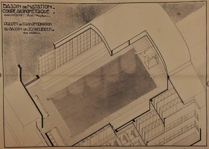 Kesselsstraat 51, Gemeentebaden, verbouwingsproject van de architect Gaston Brunfaut, axonometrische doorsnede, GAS/OW [i]Bains communaux (s.d.)[/i].
