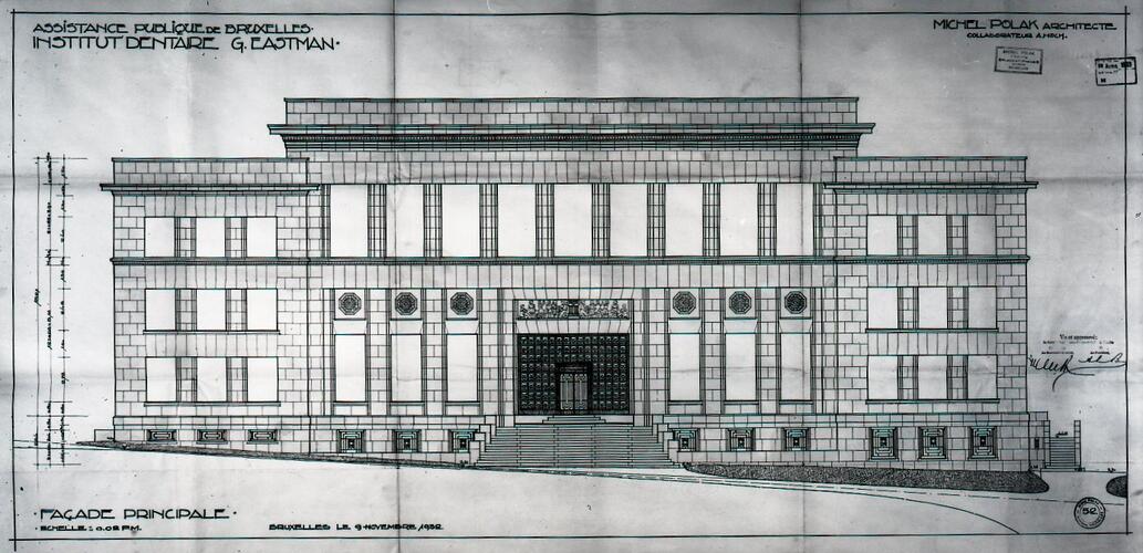 L’institut Eastman : élévation de la façade principale, par M. Polak, 1932, AAM / fonds des architectes / fonds Polak.