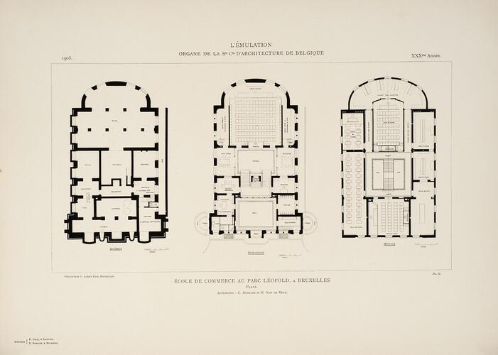 Parc Léopold, ancienne École de Commerce, plans, [i]L’Émulation[/i], 1905, pl. 23.