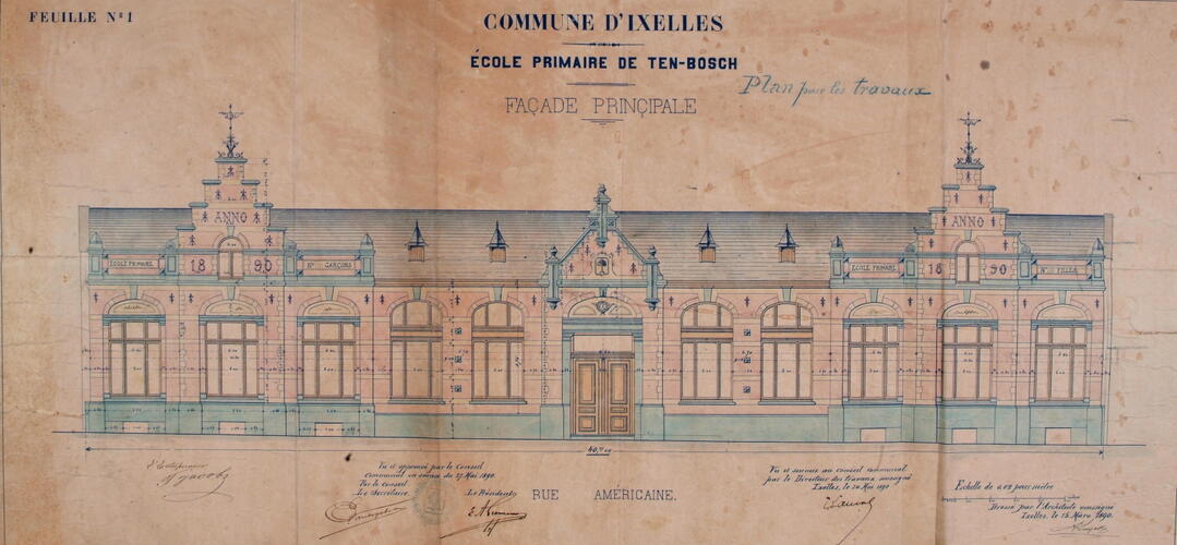 Rue Américaine 136, École communale nsupo/sup 9, élévation, ACI/TP 3f160, 3f167 École Tenbosch (1890).