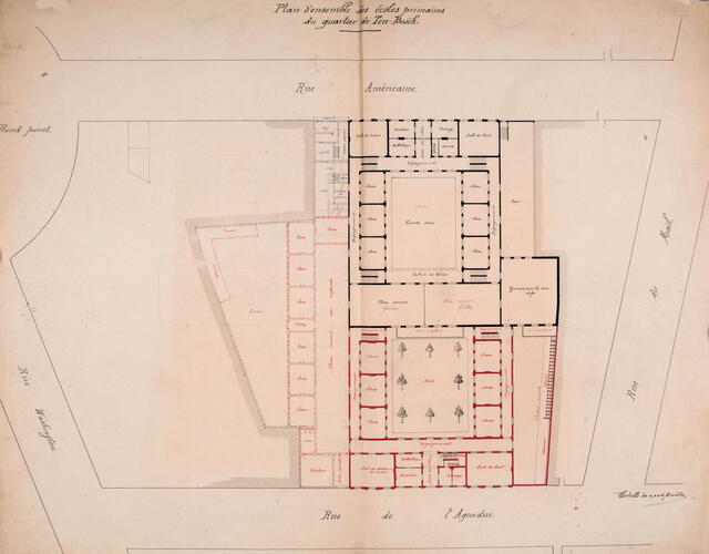 Rue de l’Aqueduc 161 et rue Américaine 136, plan des deux écoles, ACI/TP 3f160, 3f167 École Tenbosch (1896).