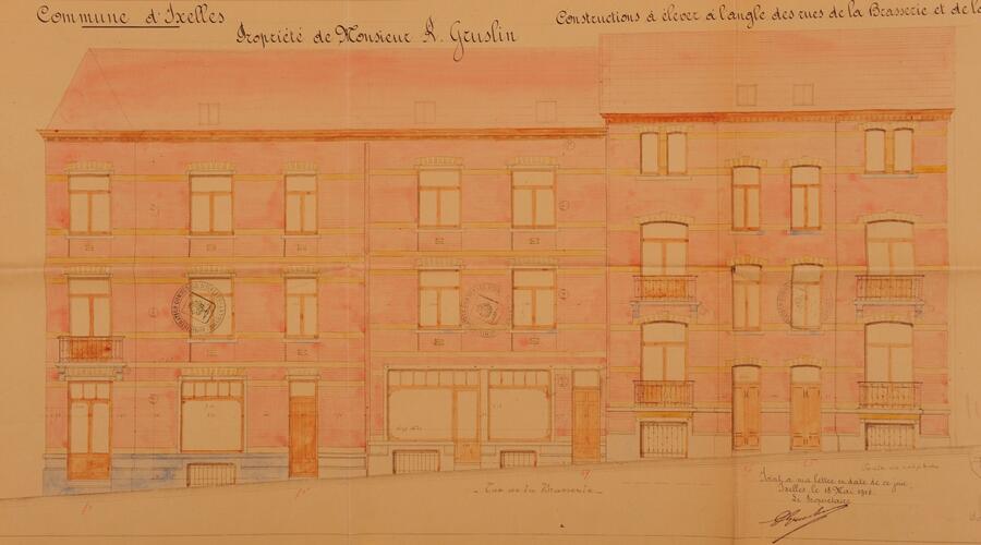 Rue de la Brasserie 65 à 71 et rue de la Levure, 28, <a href='/fr/glossary/183' class='info'>élévations<span>Dessin à l'échelle d'une des faces verticales d’un édifice. Par extension, façade d'un bâtiment ou ensemble de ses façades.</span></a> vers la rue de la Levure, ACI/Urb. 46-71-71a (1904).