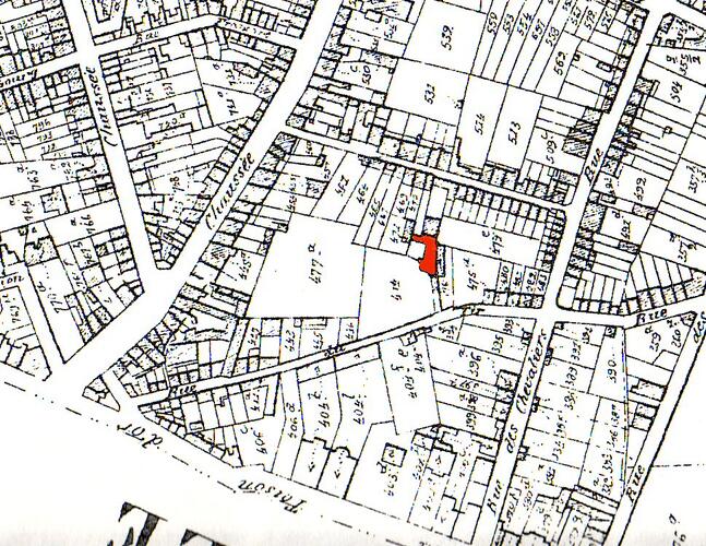 De Stassartstraat 40-46-48, detail percelenplan met aanduiding van oude kern, Popp-kaart (1858).
