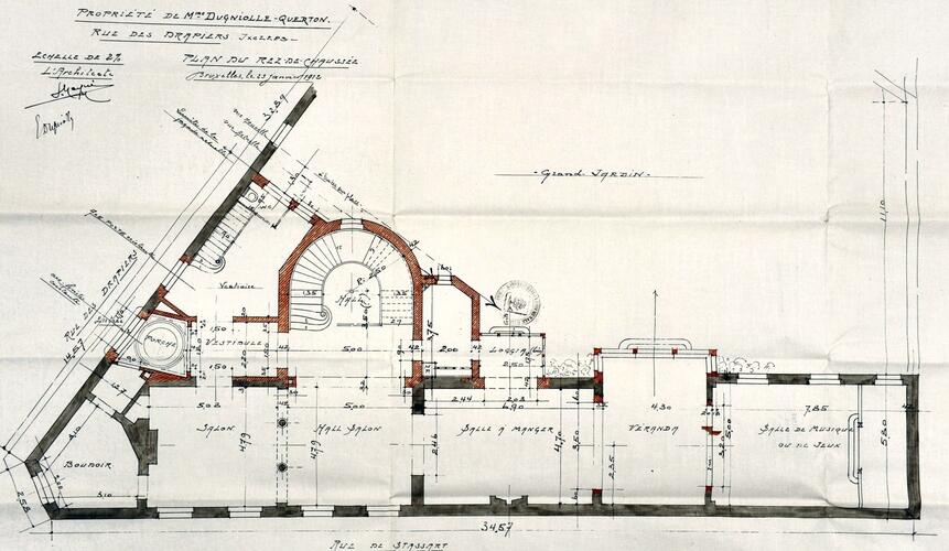Lakenweversstraat 31, grondplan benedenverdieping, indeling na eerste verbouwingswerken, GAE/DS 102-31-33 (1912).