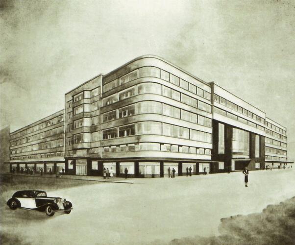 Voormalig Nationaal Instituut voor Radio-Omroep, oorspronkelijk ontwerp van J. Diongre, 1933 (© archieffonds BRT), hernomen uit [i]Flagey[/i], 2002.