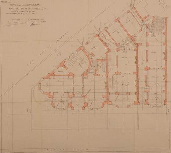 Guillaume Macaulaan 4, 6 en 8, grondplan van de benedenverdieping, GAE/DS 159-6-8 (1911).