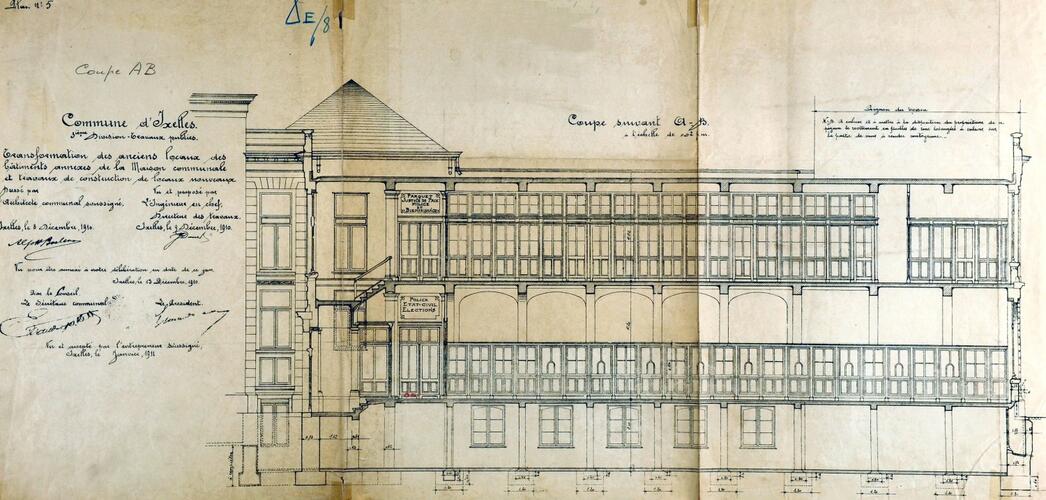 Gemeentehuis van Elsene, doorsnede van de lokettenvleugel door gemeentearchitect Alphonse Boelens, GAE/DS [i]Hôtel communal. Pavillon Malibran.[/i] 10. Farde 101 (1910).