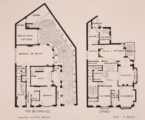 Louis Hymansstraat 9-9a-9b-9c, grondplan benedenverdieping en eerste verdieping ([i]Le Document[/i], 77, 1930, s.p.).