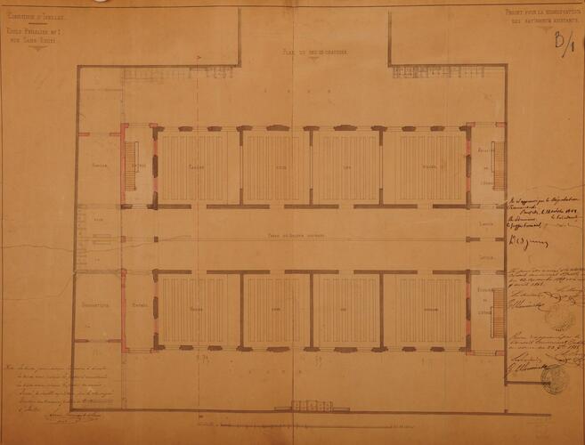 Voormalige gemeenteschool nr. 1, grondplan van de school, GAE/DS école n°1. rue Sans Souci – Viaduc. 19, Farde 158 (1868).