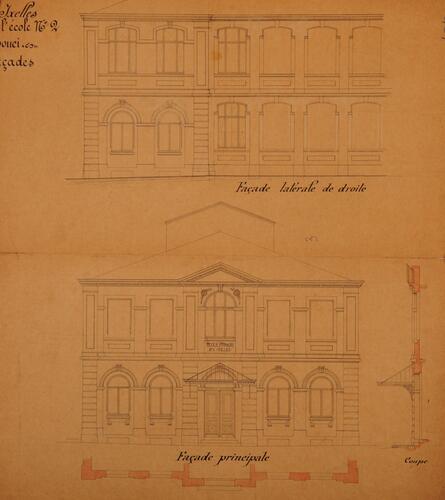 École communale n° 2, portique reconstruit, <a href='/fr/glossary/183' class='info'>élévations<span>Dessin à l'échelle d'une des faces verticales d’un édifice. Par extension, façade d'un bâtiment ou ensemble de ses façades.</span></a> et coupes, ACI/Urb. école n°2. Rue Sans Souci. 7, Farde 159 (1889).