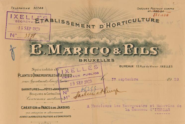 Rue du Vivier 73, en-tête du papier à lettre de l'[i]Établissement d'horticulture E. Maricq & Fils[/i], ACI/Urb. 311-73-75 (1929).