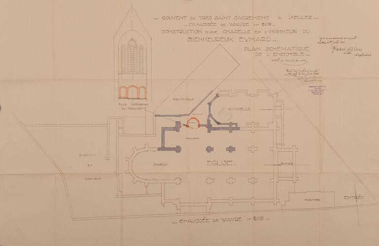 Chaussée de Wavre 203-205, église des Pères du Saint-Sacrement, plan de l’église lors de la construction de la chapelle dédiée au père Eymard, ACI/Urb. 317-203-205 (1925).
