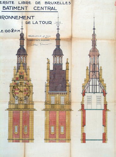 Bâtiment A, couronnement de la tour, architecte A. Dumont, AVB/TP 84353 (1926).