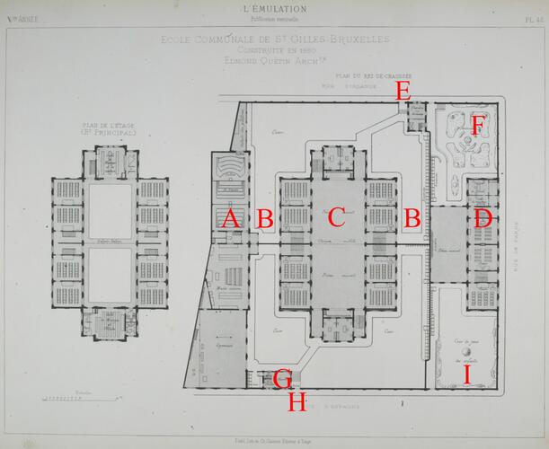 Vml. école communale de Saint-Gilles-Bruxelles, heden Koninklijk Atheneum Victor Horta, plattegronden, arch. Edmond Quétin (L’Émulation, 1884, col. 134-135, pl. 43).