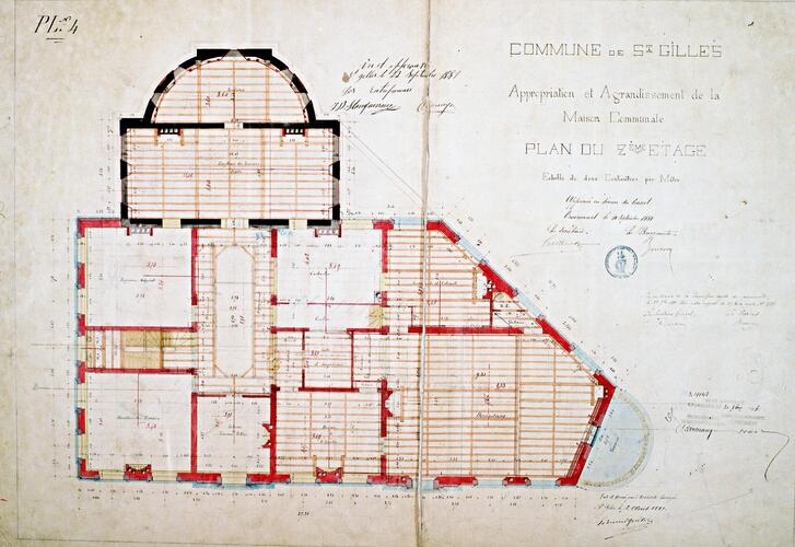 Anc. maison communale de Saint-Gilles, agrandissement de 1881, plan du 2[s]e[/s] étage, ACSG/TP. (fonds non classé).