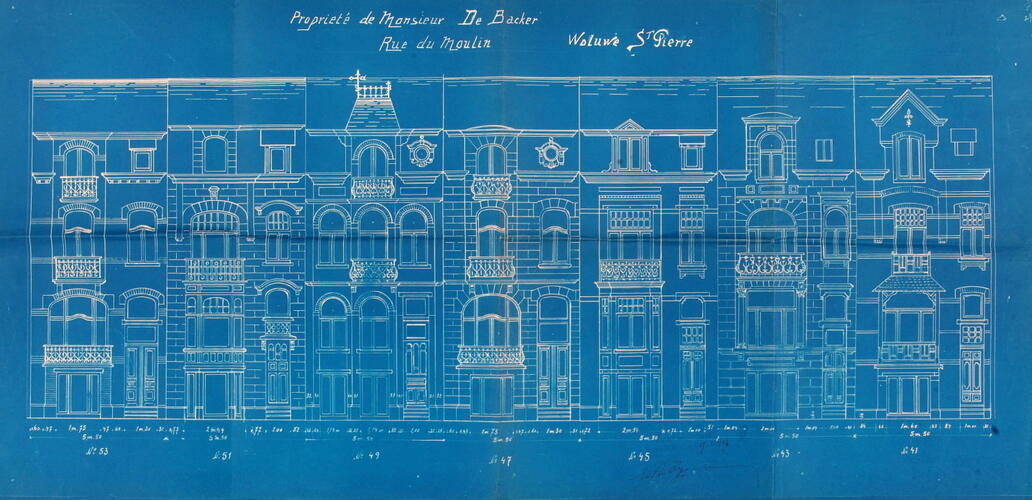 Rue Louis Titeca 41 à 53, <a href='/fr/glossary/183' class='info'>élévations<span>Dessin à l'échelle d'une des faces verticales d’un édifice. Par extension, façade d'un bâtiment ou ensemble de ses façades.</span></a>, ACWSP/Urb. 80 (1912).