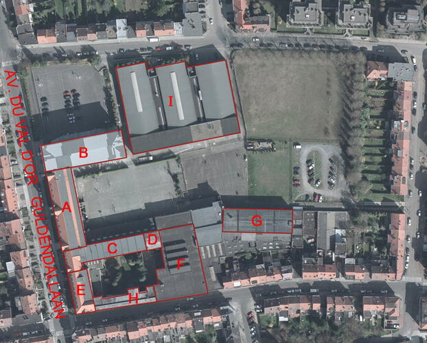 Vue aérienne de l’Institut Don Bosco (Brussels UrbIS ® © - distribution CIRB, 20 avenue des Arts, 1000 Bruxelles).