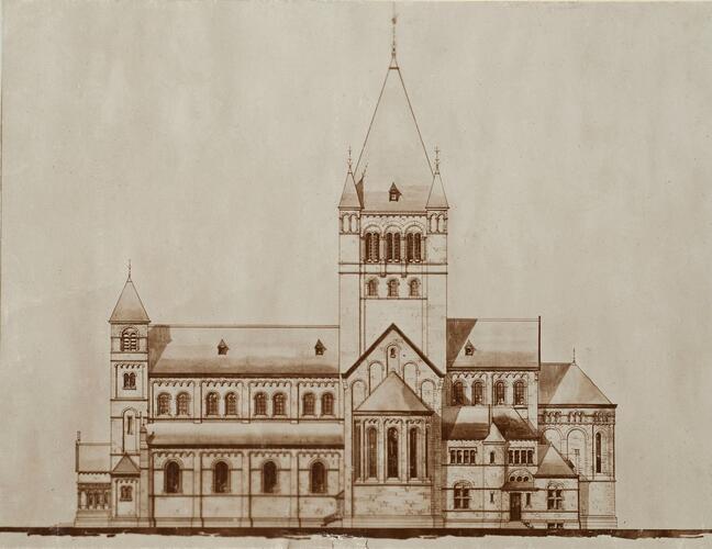 Sint-Augustinuskerk, ontwerp van de kerk, architect Edmond Serneels, 1914, Parochie archief Sint-Augustinus Vorst.