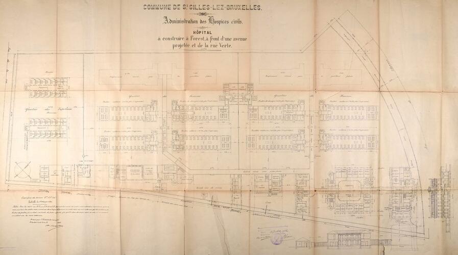 Voormalig burgerlijk ziekenhuis van Sint-Gillis, algemeen plan van de site met de oorspronkelijke paviljoenen, GAV/DS 4642 (1908).