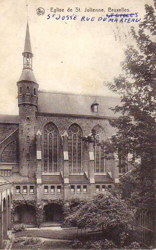Chapelle Sainte-Julienne et ancien couvent des Sœurs-Apôtres du Saint Sacrement, cachet de la poste de 1911 (Collection cartes postales Dexia Banque).