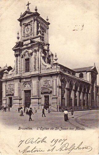 L'église de Saint-Josse-ten-Noode, cachet de la poste de 1907 (Collection cartes postales Dexia Banque).