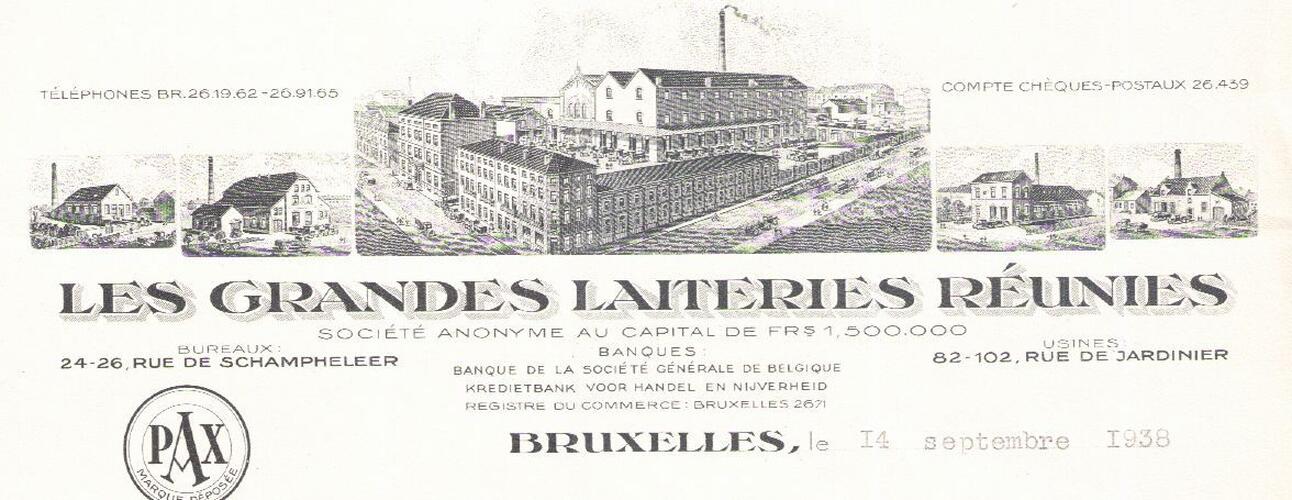 Deschampheleerstraat 24, 26, briefhoofd uit 1938 waarop Les Grandes Laiteries Réunies te zien zijn, GAK/DS 3148-80 (1938).