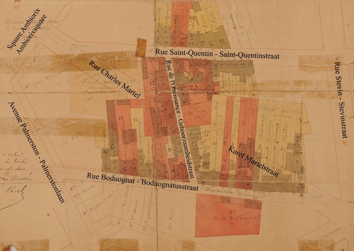 Détail du plan de transformation de l’ancien quartier Granvelle, dressé par Gédéon Bordiau en 1882. La future rue Charles Martel se devine, en pointillés, à travers l’îlot (AVB/PP 3476). 