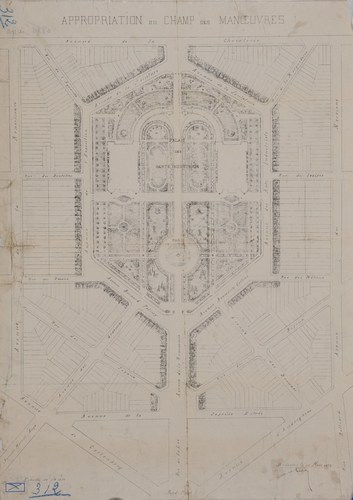 Verkavelingsproject van de wijk van het Paleis van de Nijverheidskunsten, in 1879 ontworpen door architect Gédéon Bordiau maar nooit gerealiseerd, SAB/PP 312.