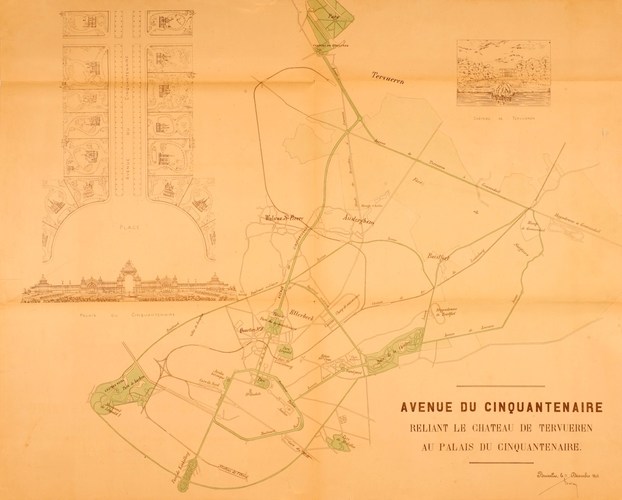 Plan van het doortrekken van de laan van het Jubelpark, de toekomstige Tervurenlaan, tekening uit 1893 van Gédéon Bordiau (ARA/Ministerie van Openbare Werken, Administratie van Gebouwen, Kaarten en Plannen van Overheidsgebouwen, 27-40).