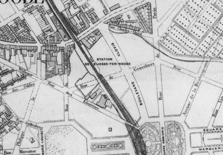 Grevelingenstraat onderbroken door de spoorlijn, voordat deze ondergronds ging onder Clovislaan, [i]Bruxelles et ses environs[/i], Institut cartographique militaire, 1881 (© KBR, Kaarten en Plannen).
