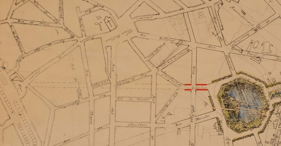 Gutenbergstraat overeenkomend met toekomstige eerste nr. van de gelijknamige square, in stippellijn verlengd tot aan het Madouplein, rooilijnenplan van het noordoostelijk gedeelte van de Leopoldswijk, ontworpen door Gédéon Bordiau, SAB/OW 956 (1879).