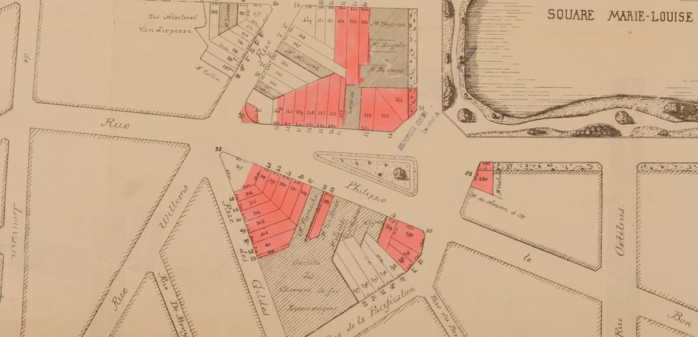 De al aangelegde Gutenbergsquare, die toen nog Filips de Goedestraat heette, detail van een plan van de te koop staande percelen in de Noord-Oostwijk, opgesteld ca. 1896, SAB/PP 951.