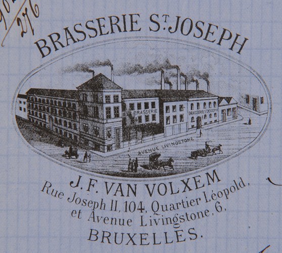 Avenue Livingstone, Brasserie Saint-Joseph, à l’emplacement de l’actuel siège des Assurances Populaires, en-tête de lettre, AVB/TP 13760 (1883).