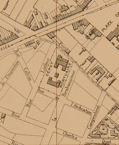 De loods voor lijkkoetsen gebouwd op het voormalige kerkhof van de Leopoldswijk, detail van het plan [i]Bruxelles et ses environs[/i], in 1894 opgesteld door het Institut cartographique militaire, AVB/TP 16767.