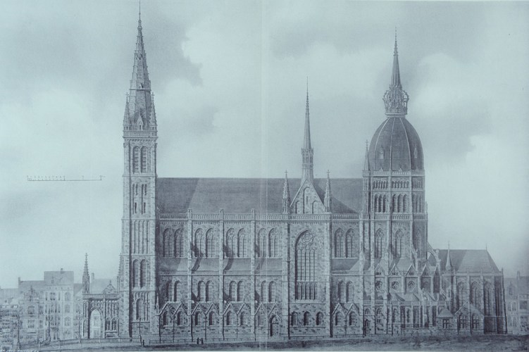 Niet uitgevoerd ontwerp van een basiliek, voor de Margaretasquare ontworpen door broeder Marès-Joseph, zuidgevel ([i]Bulletin des Métiers d’Art[/i], 1903-1904, p. 312).