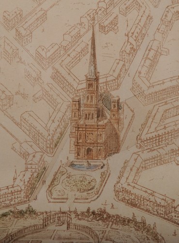 Margaretasquare, detail van de perspectivische tekening van de heraanleg van het noordoostelijk gedeelte van de Leopoldswijk, getekend door Gédéon Bordiau, 20.10.1875, SAB/PP 953.