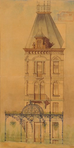 Ambiorixsquare 23, op de hoek met de Margaretasquare, indrukwekkend hoekgebouw van 1897 (gesloopt), met het café Au Belvédère, waarvan de smeedijzeren markies in 1901 werd ontworpen door architect Fernand Symons, opstand, SAB/OW 16086 (1901).